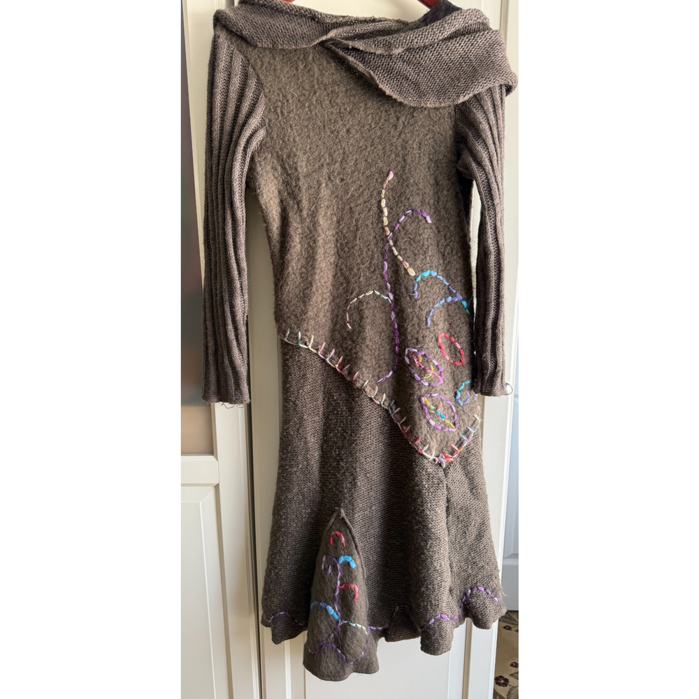 Y2K Midi embroidered sweater dress Ruffle Whimsy goth Lagenlook Art Brown Sz S/M - Picture 4 of 14
